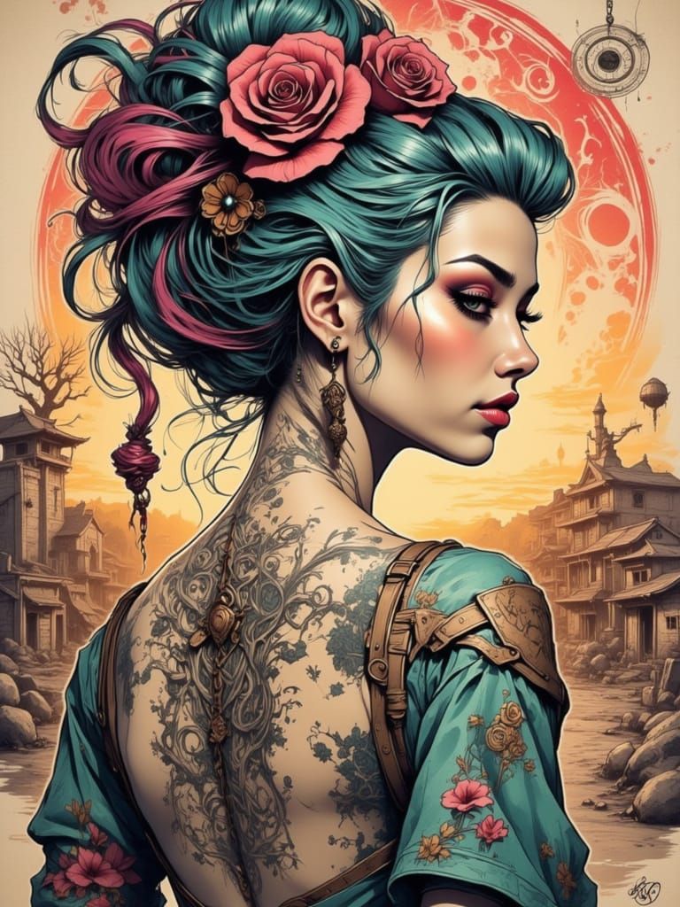 <lora:SpectraGlorious:1.0> <lora:SketchyV3:1.0> Gorgeous punky geisha woman in desolate streets with pink and teal hair and attractive intri...