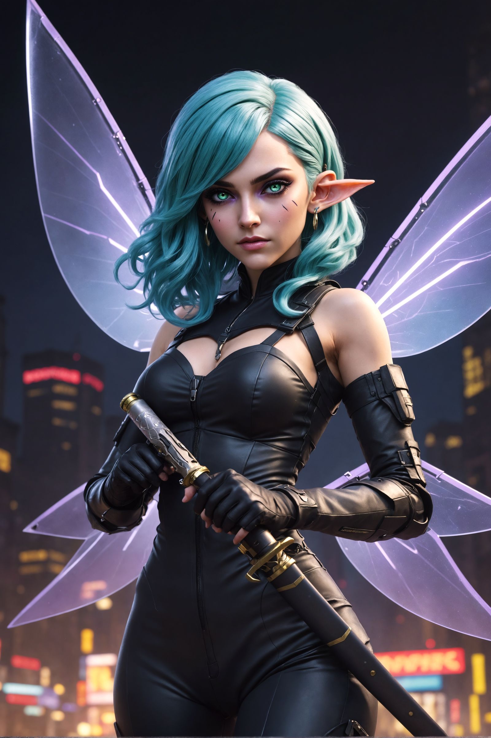 Cyberpunk 2077 setting, a beautiful elegant elf fairy cyborg solo mercenary, with blue hair in 1930s flapper pincurls st...