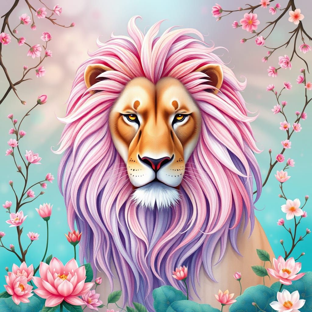 Surreal Rose-Toned Lion in Dreamy Garden with 8K Holographic...