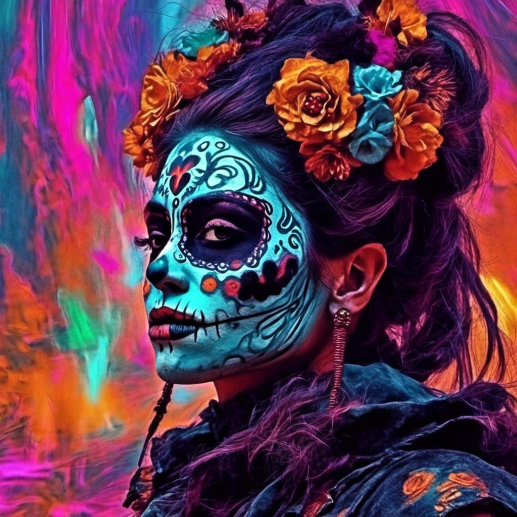 <lora:Vaporware Sci-Fi VHS:1.0> Glitched 1990's Sci-Fi VHS scene, Vaporware graphics:
Medium shot of a beautiful woman wearing colorful Día...