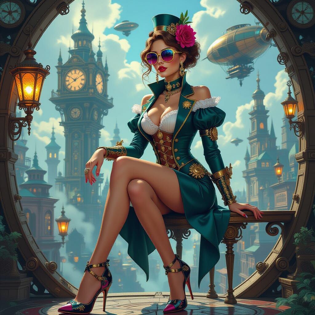 fantasy, steampunk, a beautiful wowan, high heels shoes, sunglasses with different colors  by @Babasik