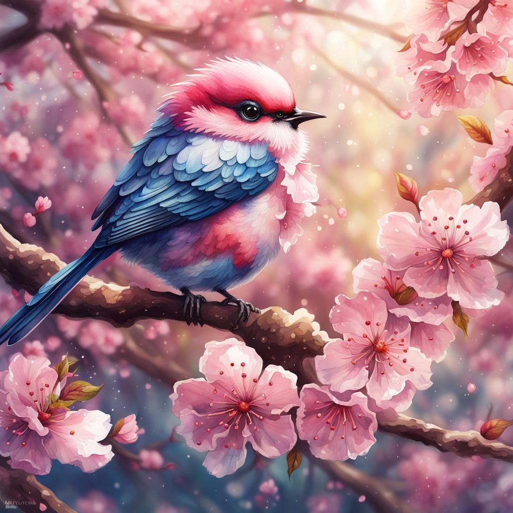 A watercolor painting of an adorable cherry blossom bird   by @Canonlian