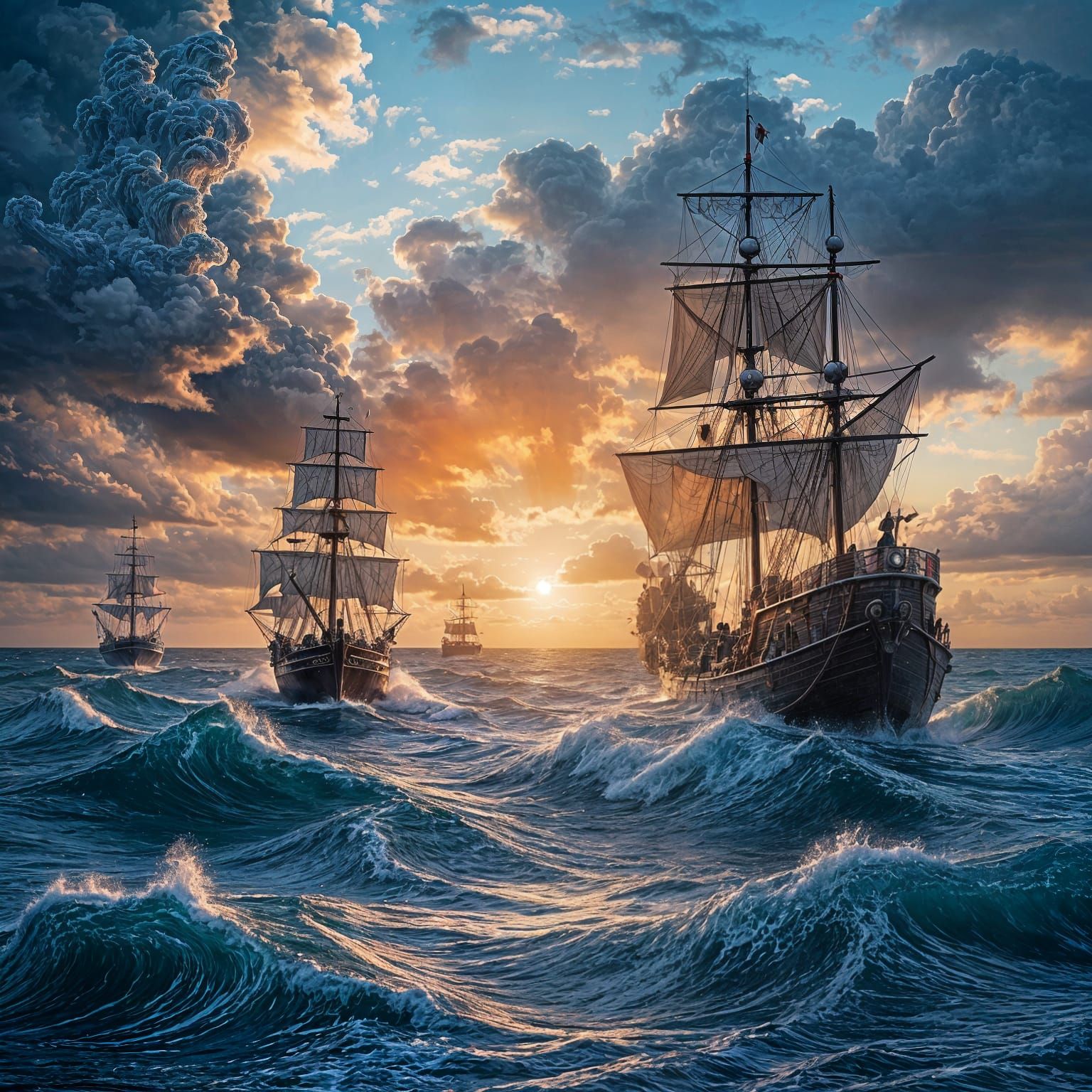 Pirate Ship Battle at Sunset Stormy Ocean