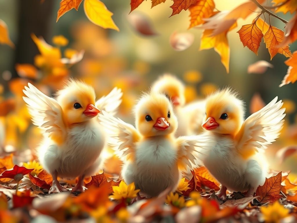 Sweet little Kawaii Chibi group of adorable ducklings playing in autumn leaves, happily smiling and ...  by @Kindly Offer