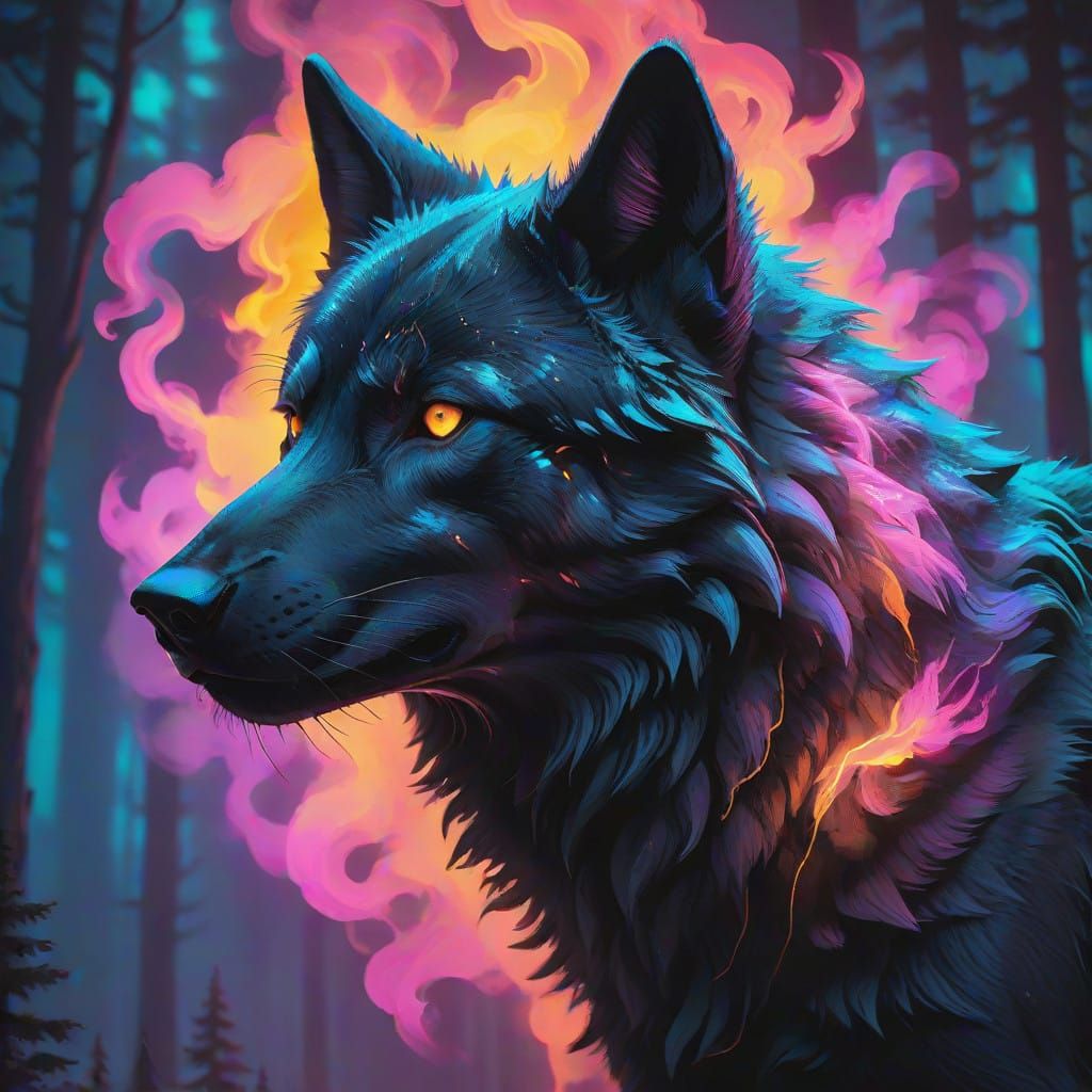 Hyperrealistic Black Wolf Spirit in Neon Dreamscape