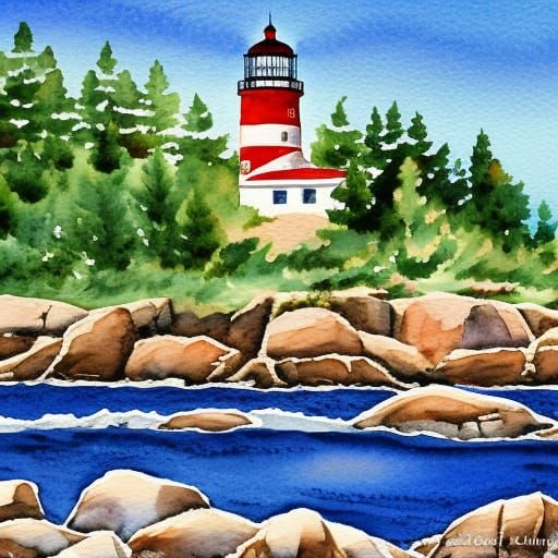 Intricate watercolor of Split Rock Lighthouse on the shore of Lake
