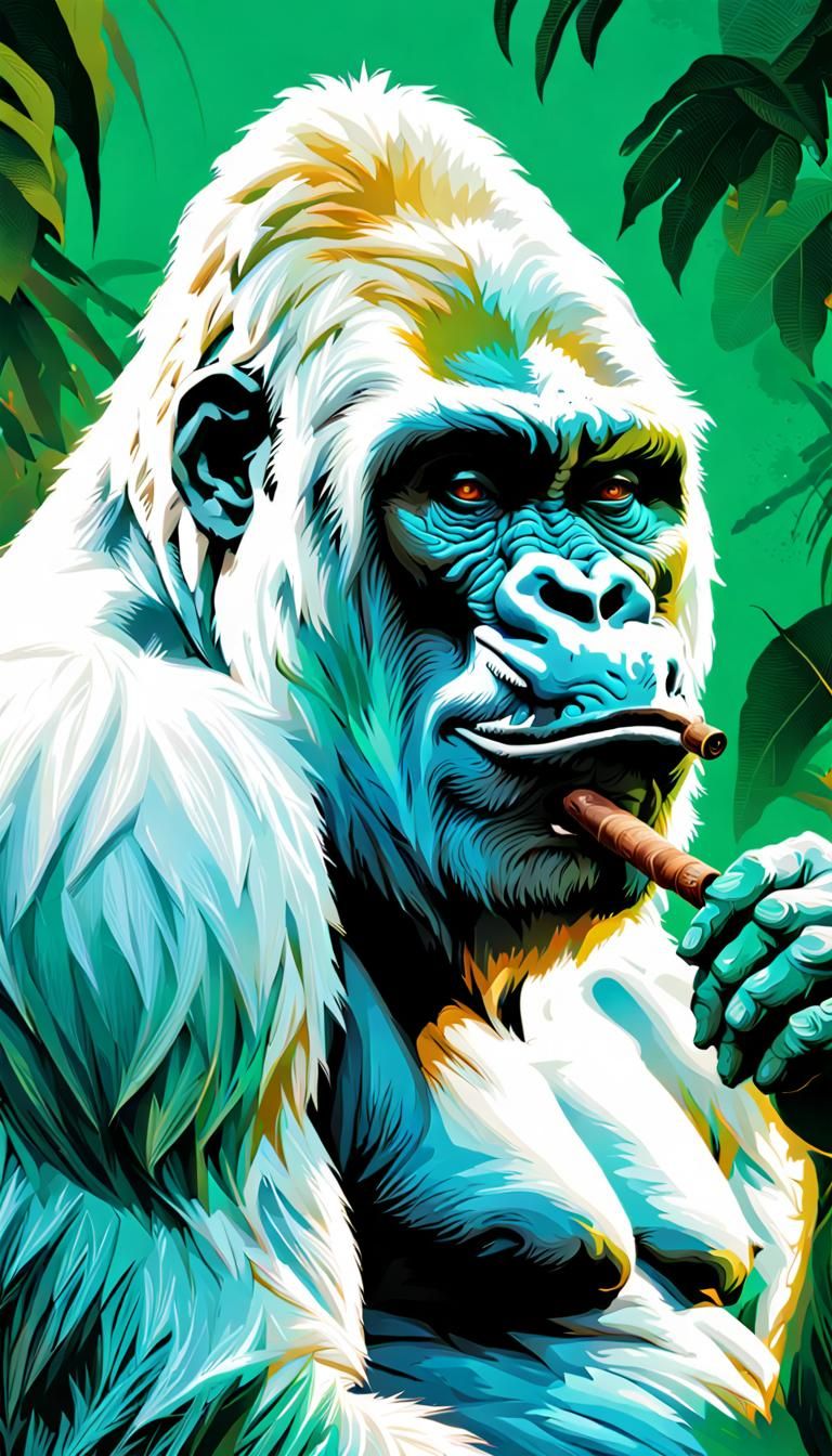 Albino gorilla smoking a big cigar and dinking Brandy, lots ...