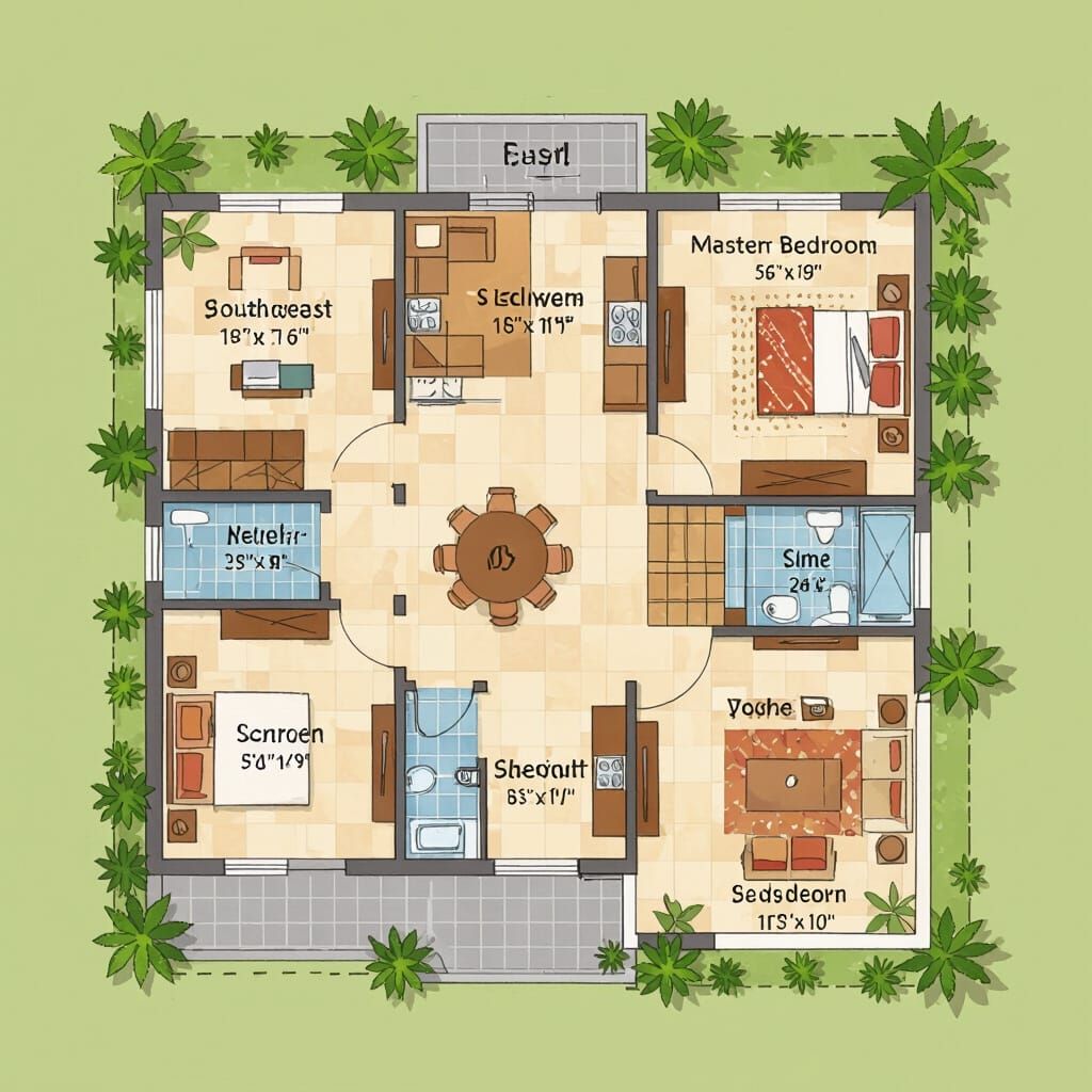 Create a detailed 2D architectural floor plan of a Vastu-compliant three-storey Indian residential house built on an irregular trapezoidal e...