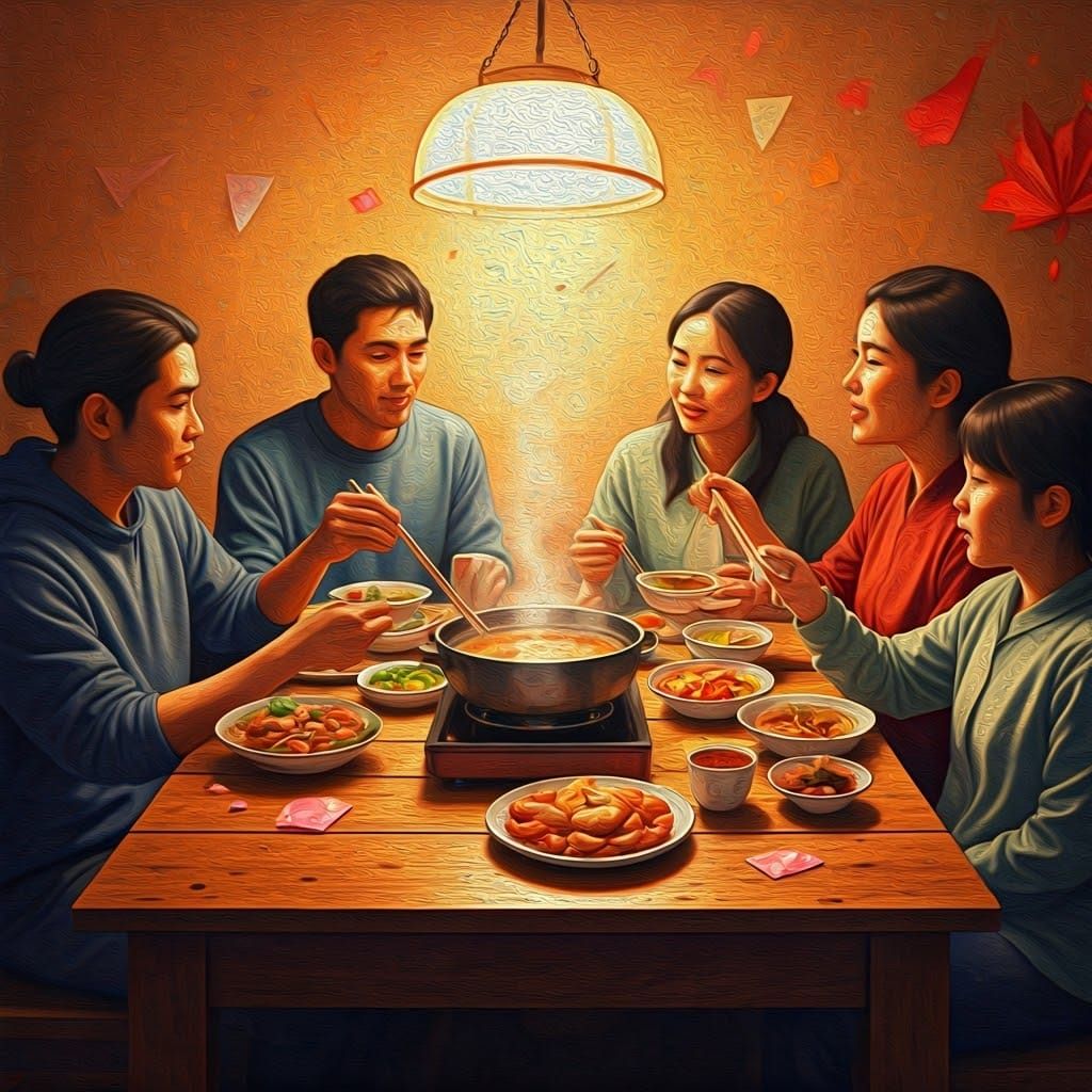 Family Hot Pot Dinner in Neo-Expressionist Style