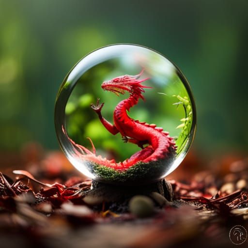 A red dragon „standing“ in a glass ball, lying on the ground of a forest. Dragon breathing fire. Professional ...  by @Donlocky