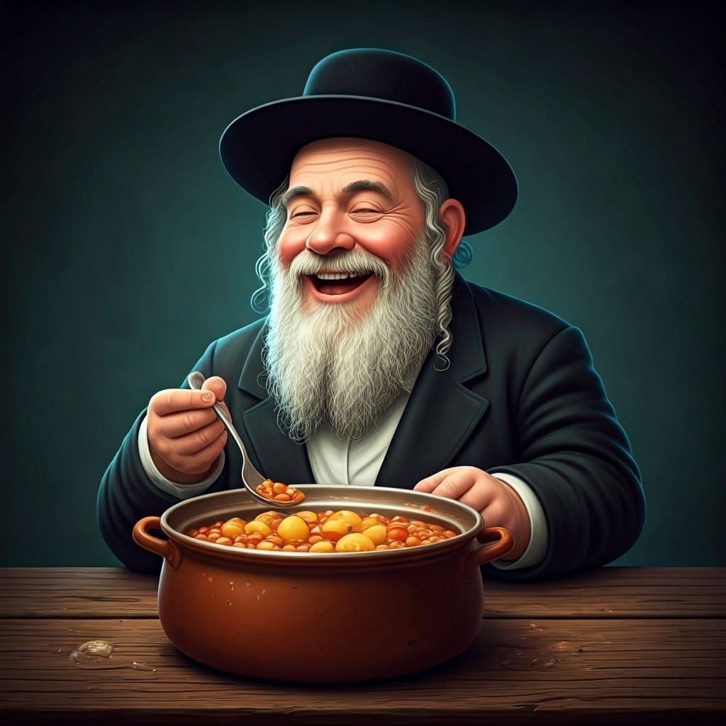 Joyful Hasidic Rabbi Feasts in Vibrant Fantasy World