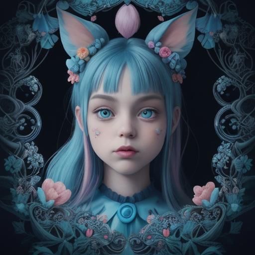 Zartes Portrait eines süßen Mädchens, überwiegend blau, viel...