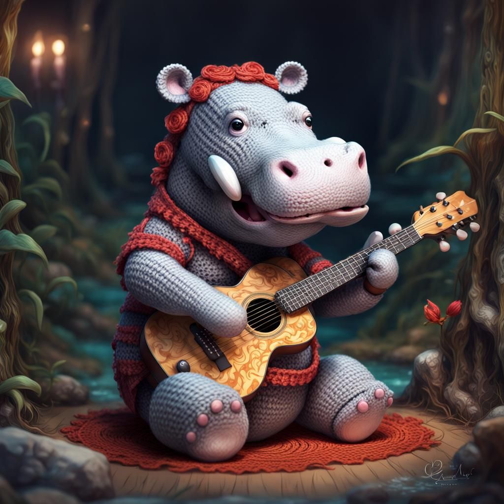 crochet hippo playing classic guitar  by @AsfK