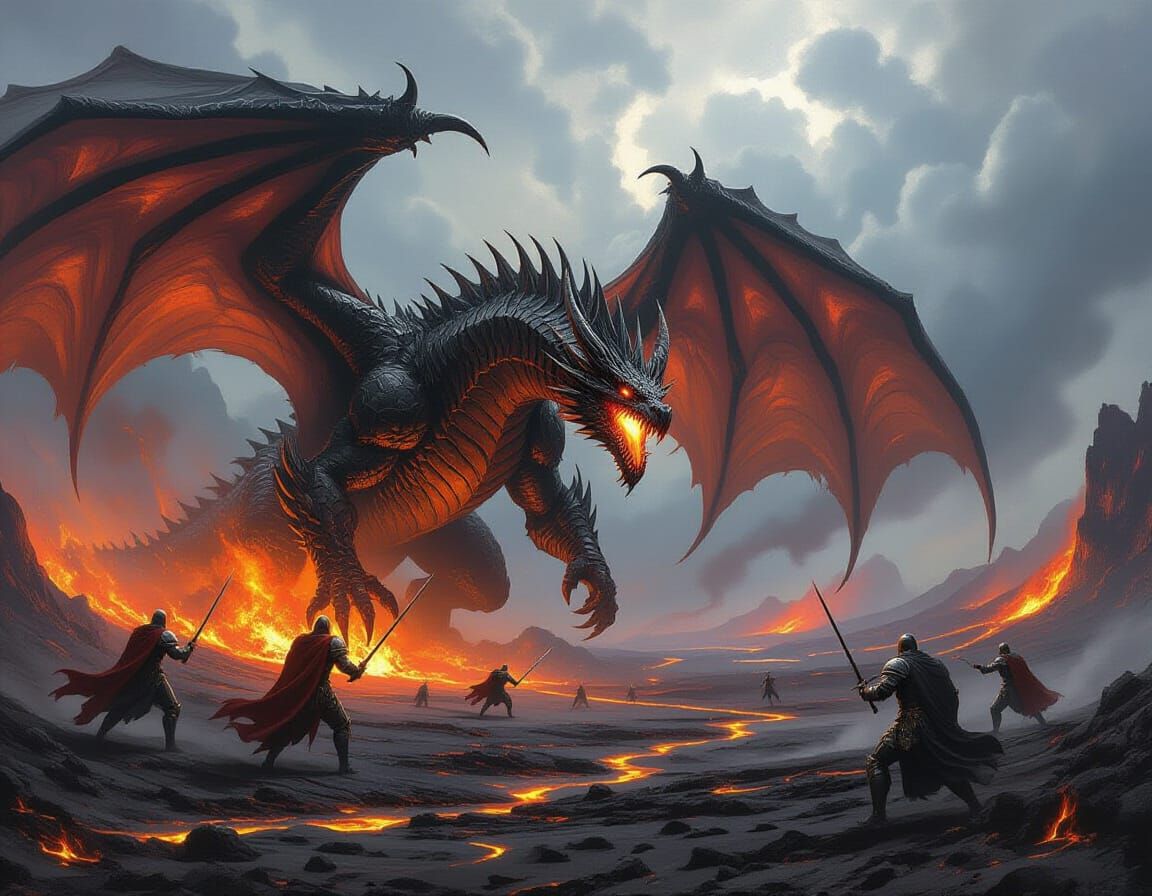 An epic battle scene unfolds on a windswept, volcanic plain, with knights in gleaming armor clashing against colossal Dragon