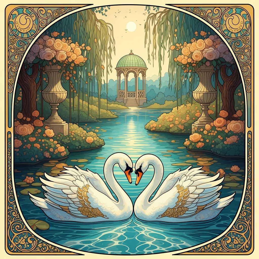 Swans Form Heart in Art Nouveau Lake Scene