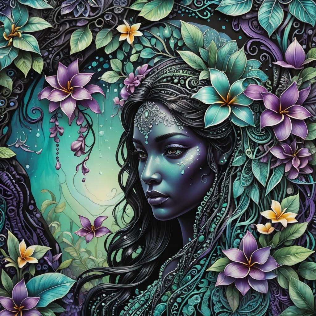 Iridescent Filigree black mint purple teal plumeria opalesce...