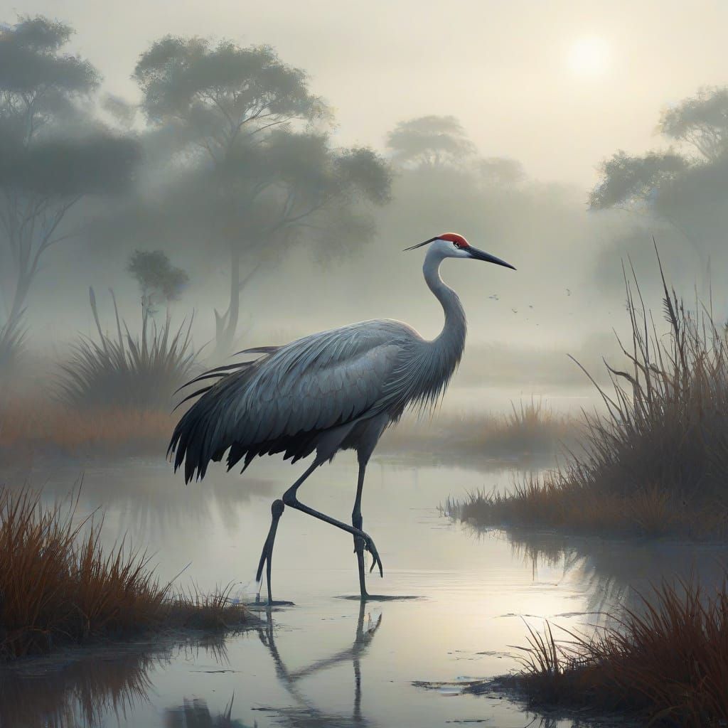 Majestic Crane in Misty Wetland Digital Painting