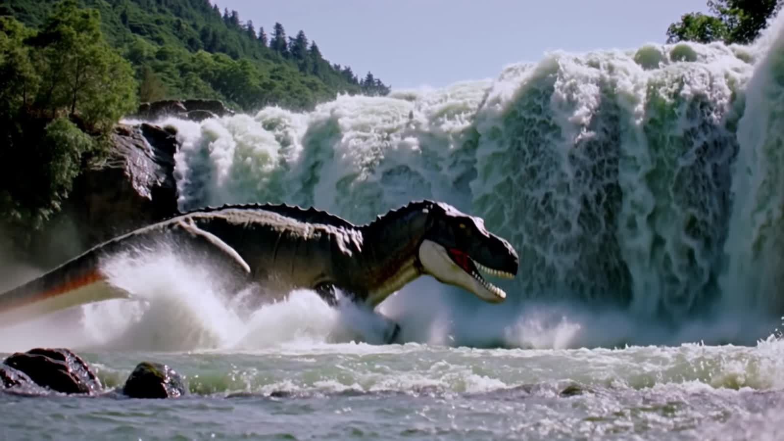 T. rex rushing through a waterfall