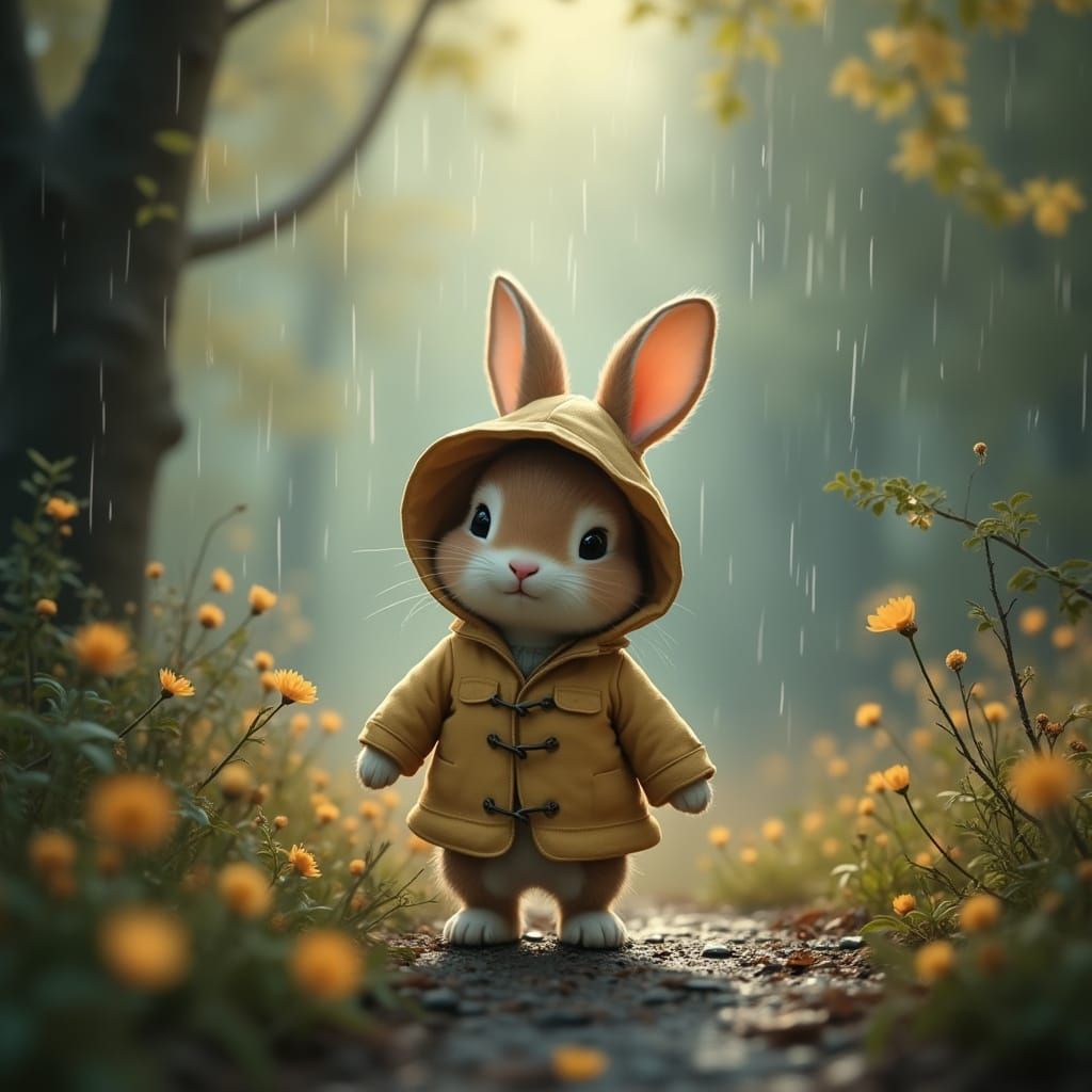 Rabbit in Raincoat in Mystical Forest, Dreamlike Scene