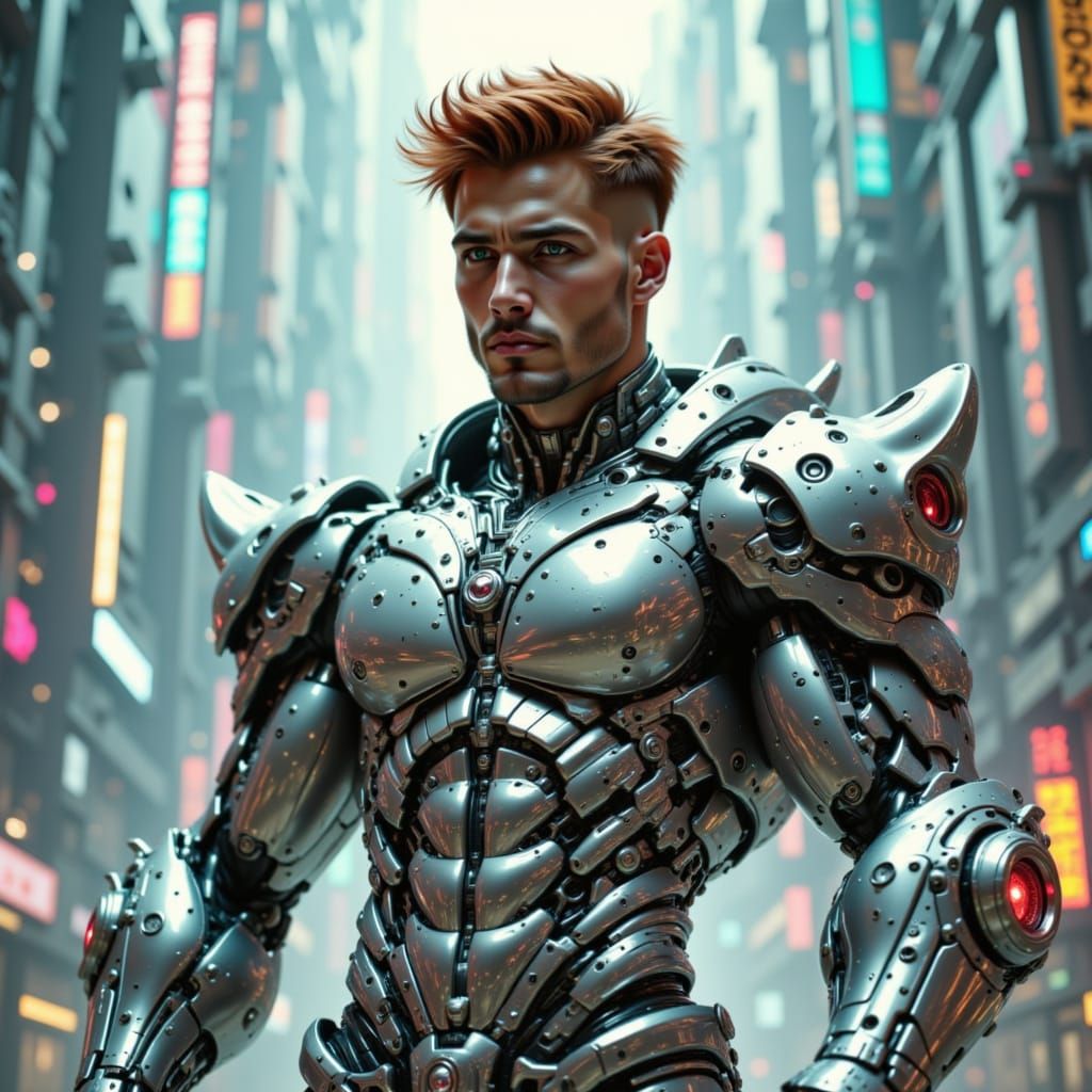 Handsome beautiful male brown hair bodybuilder , muscle fractals helix intricate celestial design chrome armor mecha arms futuristic etherea...