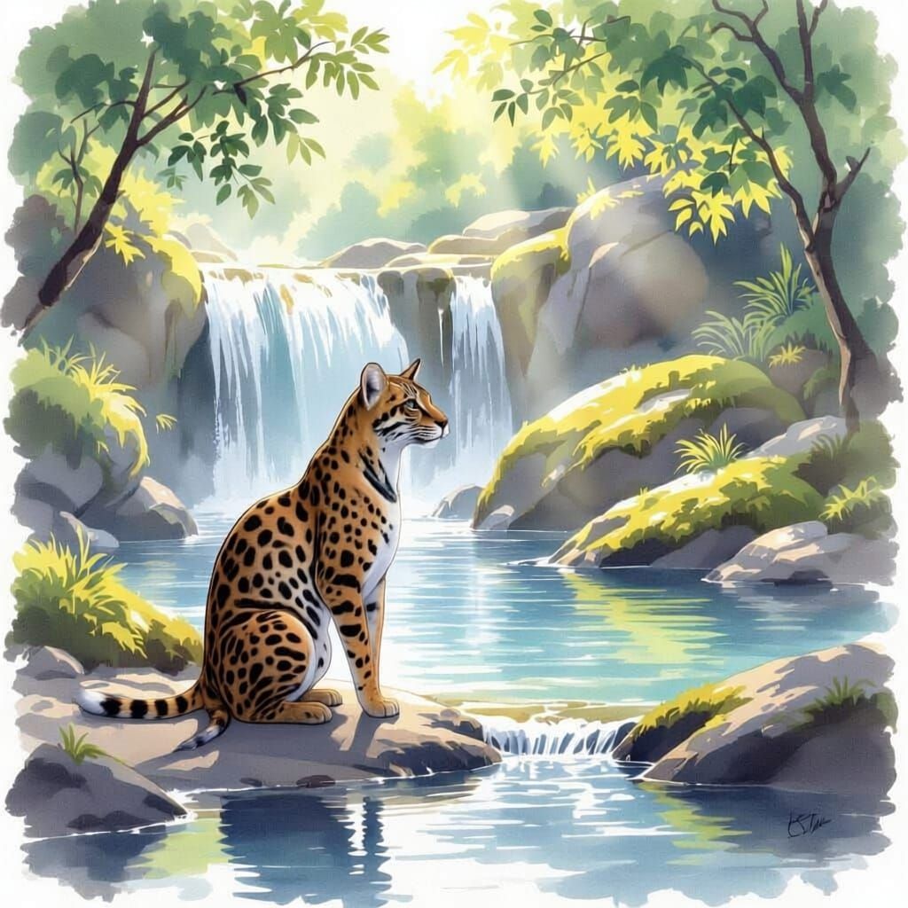 A tranquil scene of a sleek, athletic dog sitting patiently by a serene, crystal-clear waterfall, its tail gently wagging. Lush, moss-covere...