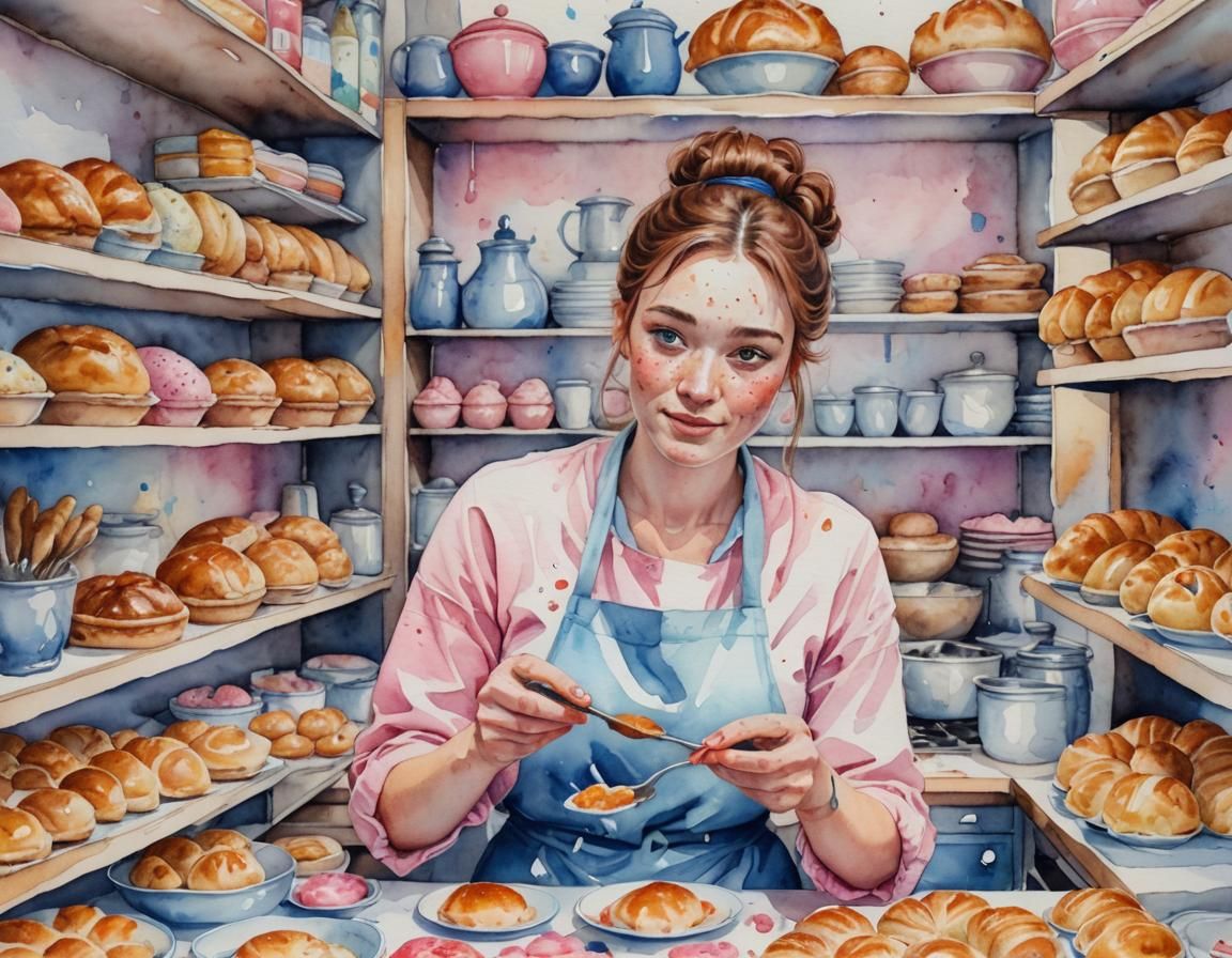 Watercolor Chef Making Sweets with Colorful Pastries