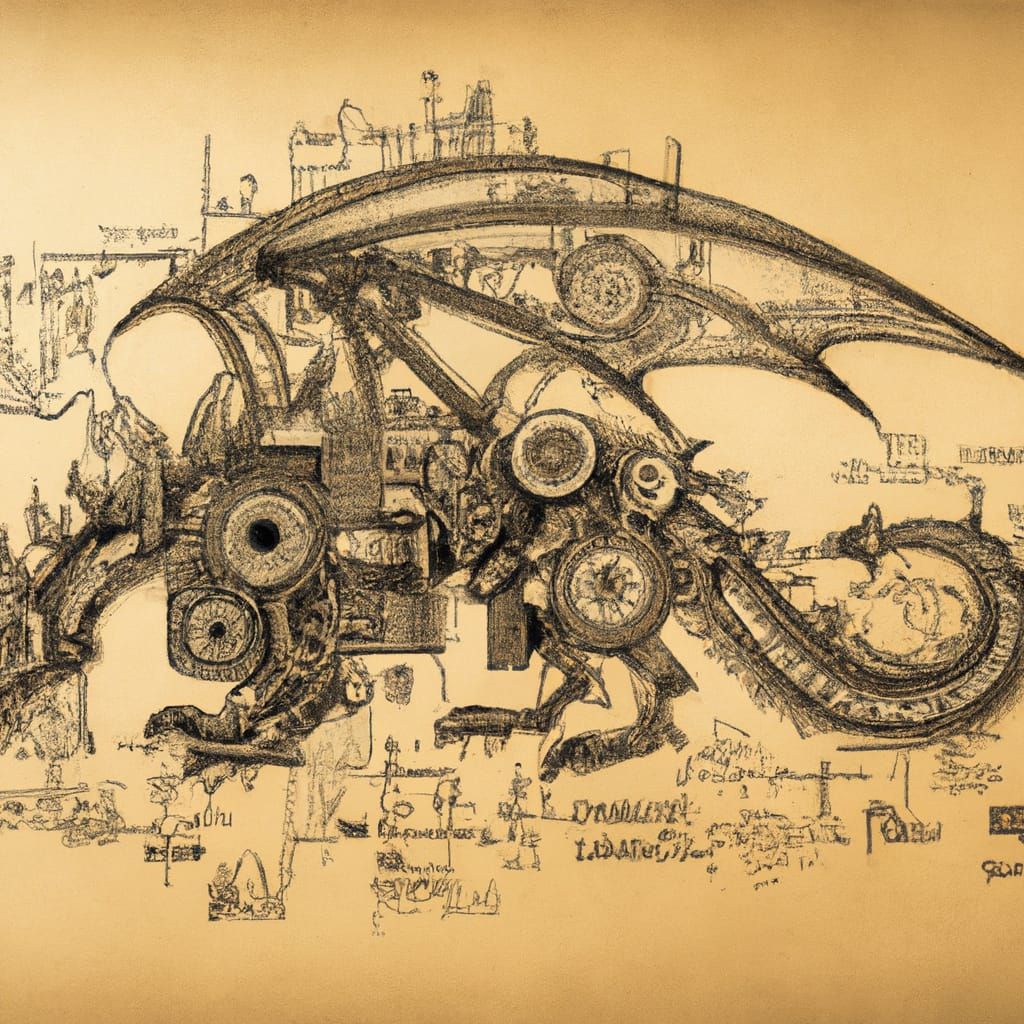 complex side diagram of a Mechanical dragon on paper with an...