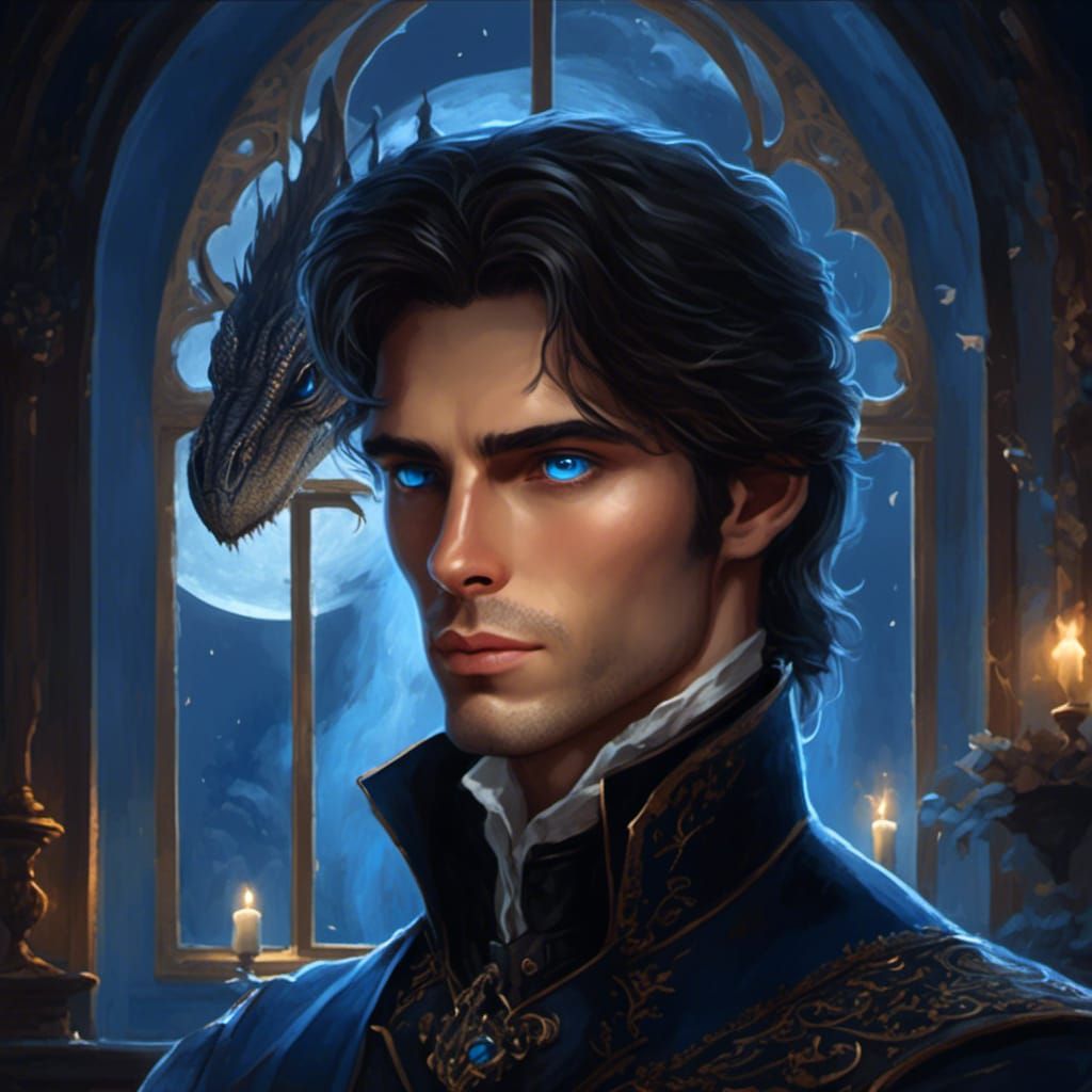 A hyperrealistic handsome dark haired and fair skinned prince with clever blue eyes wearing black outfit. Background is dark study with an o...