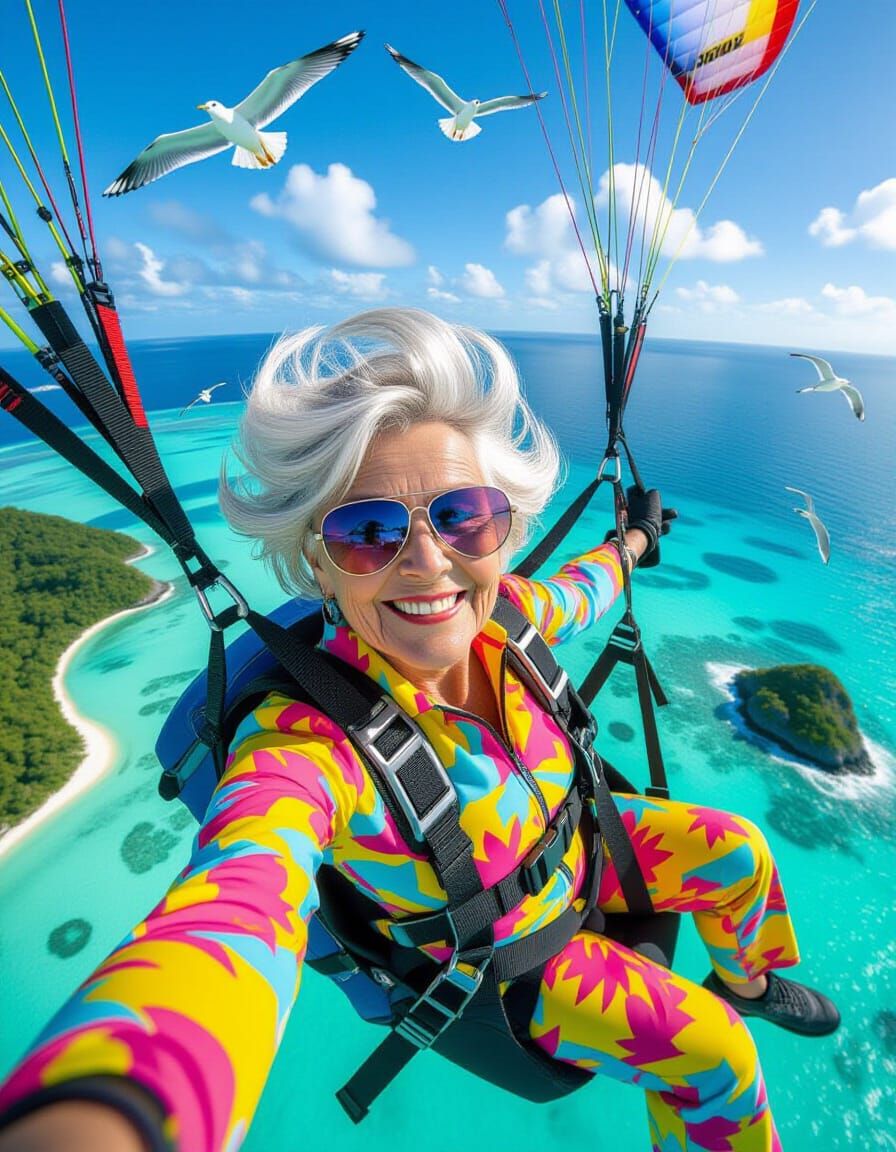 elderly woman paragliding high above a tropical island paradise  by @Goran Drušković