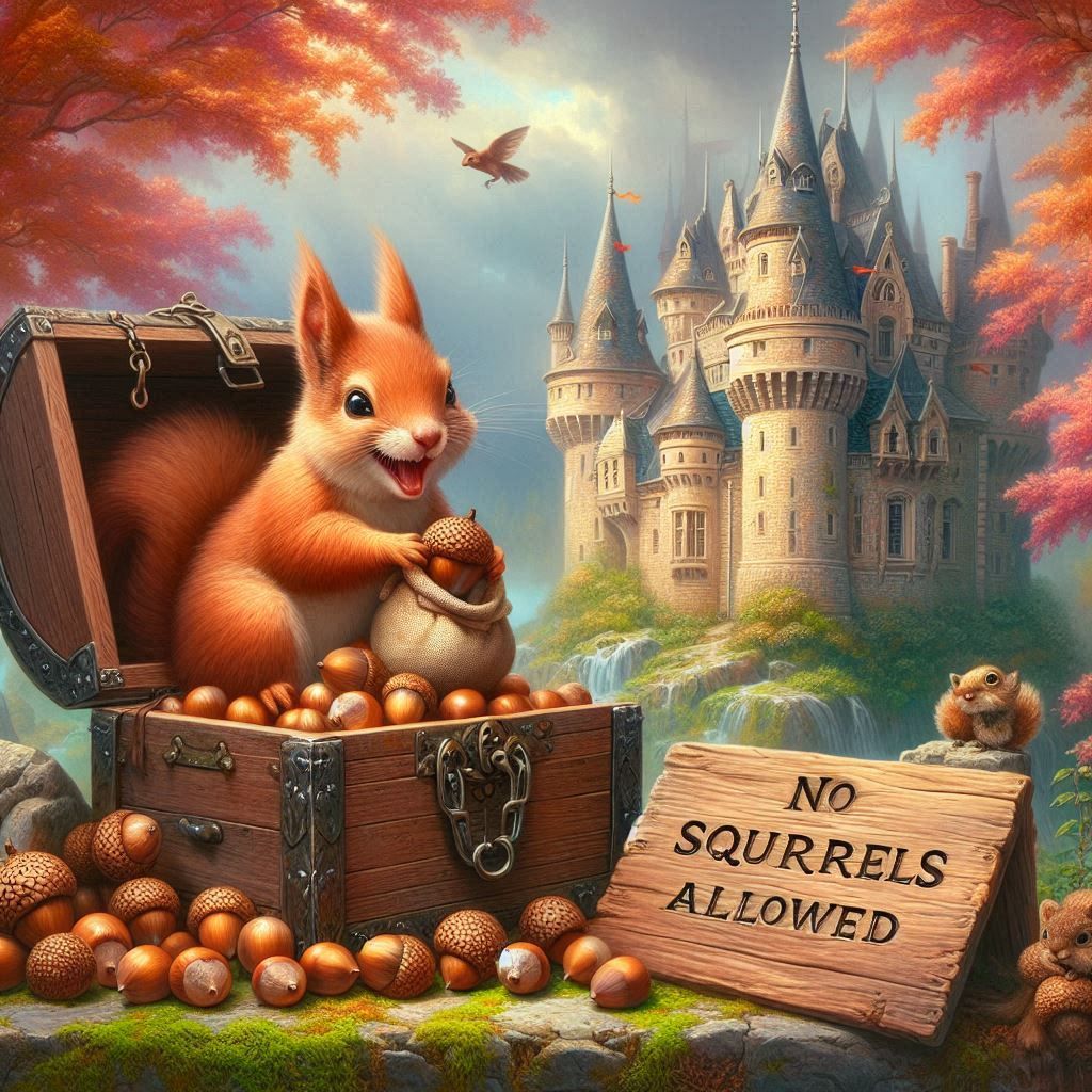 Mischievous squirrel with an open chest of acorns,
