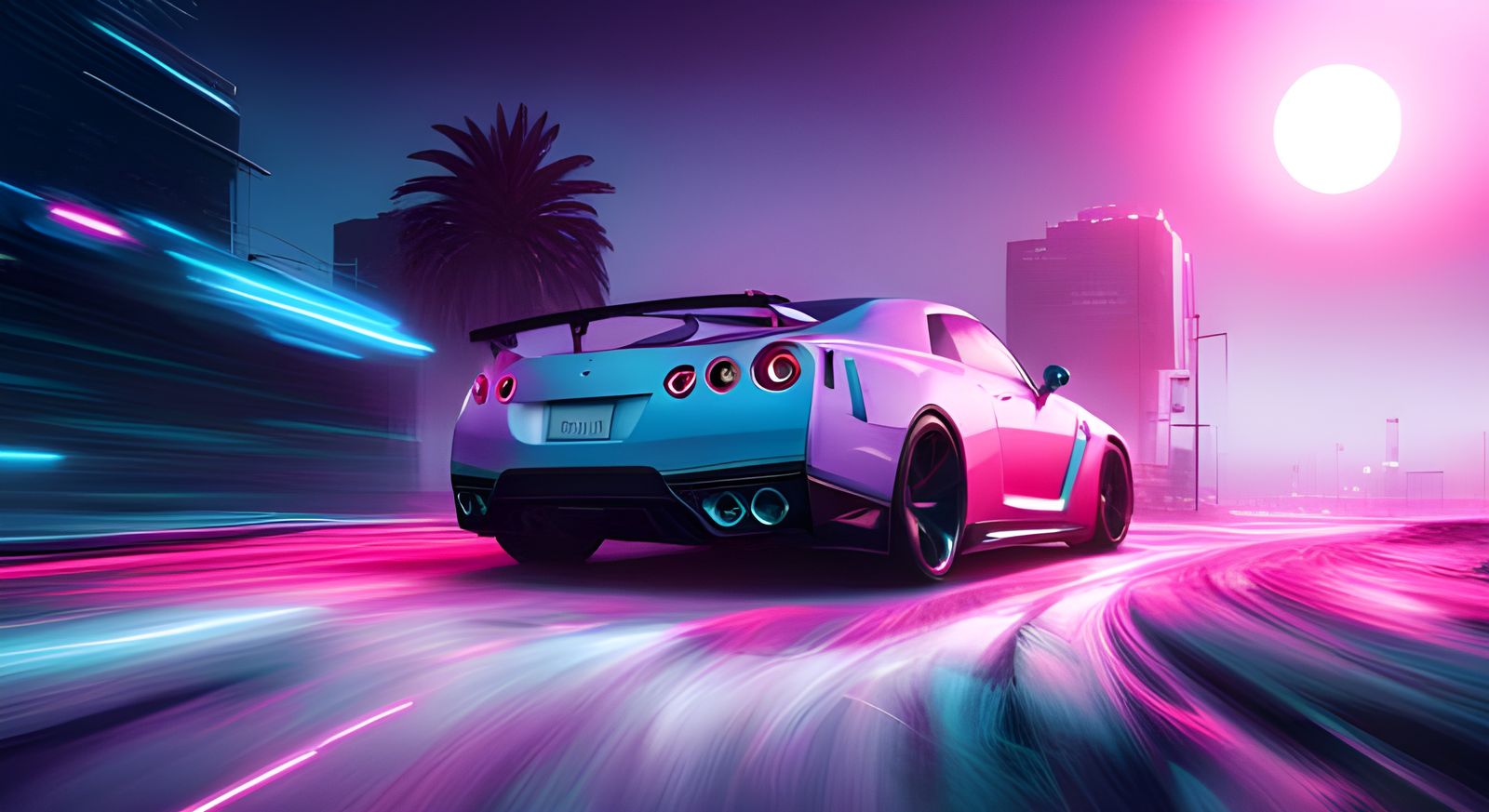 Nissan GTR front view foggy neon cyan and pink background - AI ...