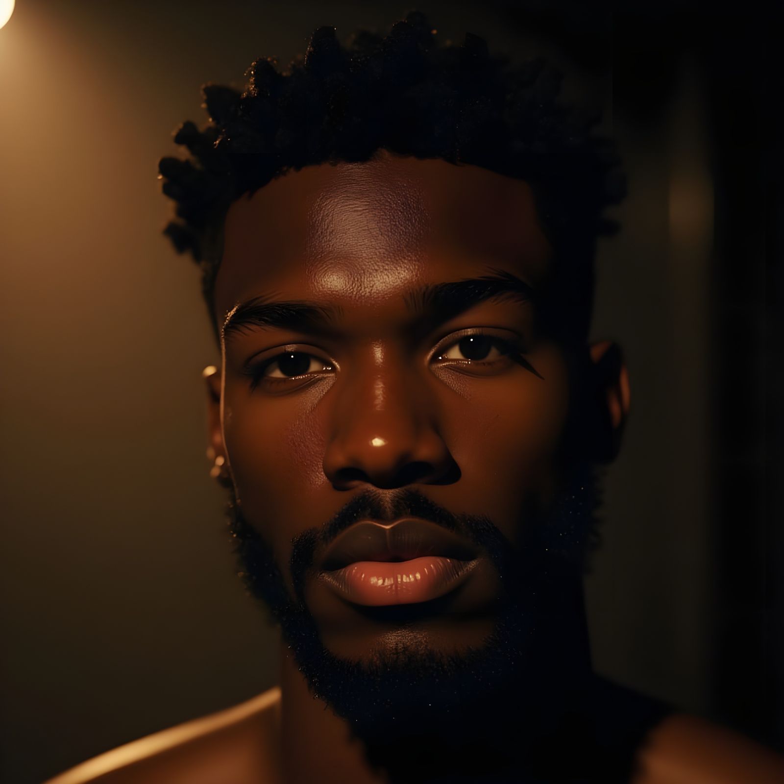 <lora:Surrealistic:1.0> A young Black man with deep brown skin, soft eyes, sharp jawline light mutsache and beard , framed by short, texture...