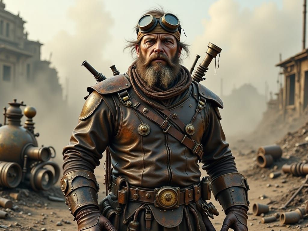 Weathered Steampunk warrior, clad in scavenged leather armor and goggles, stands resolute amidst a desolate, dust-shrouded wasteland, with a...