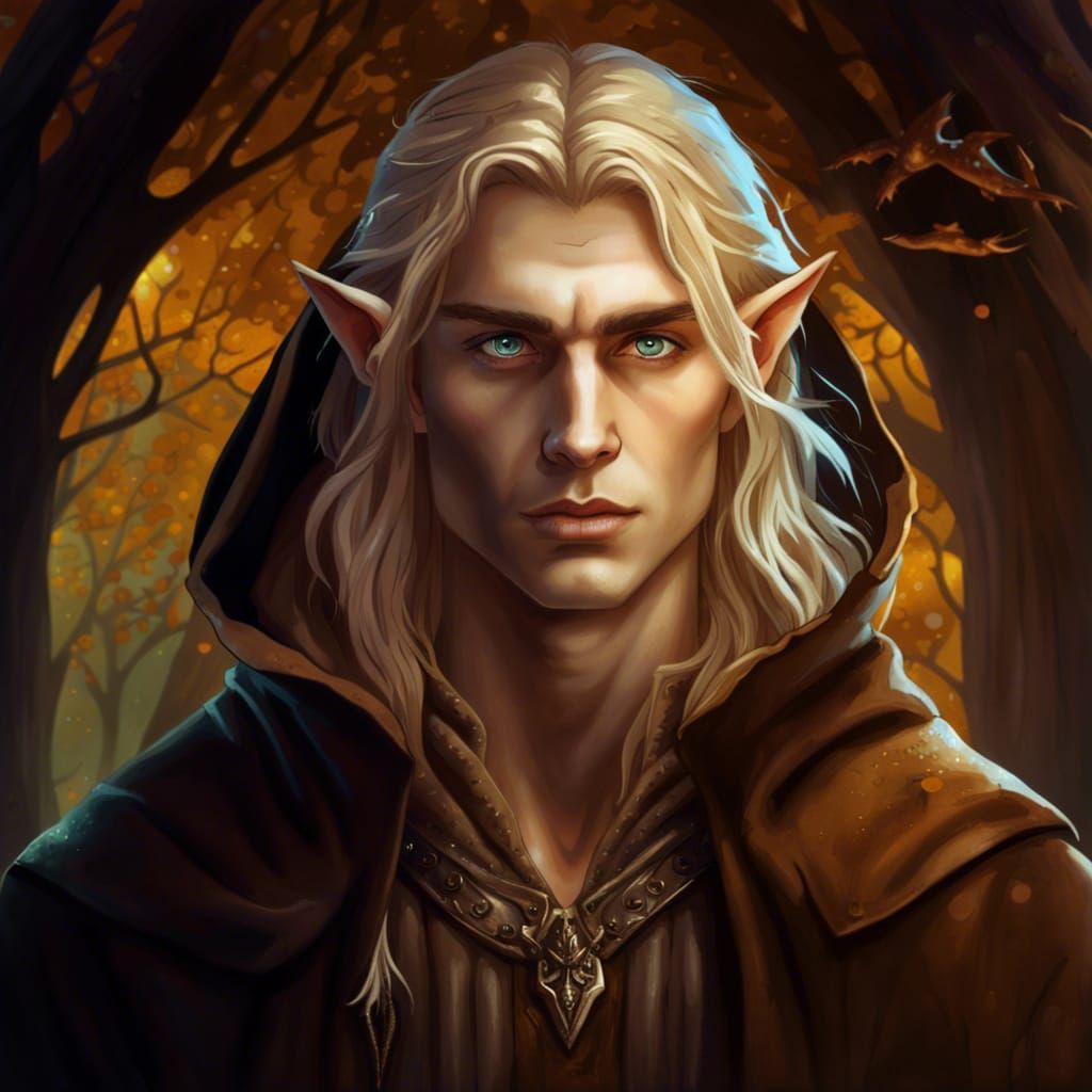 young kind hooded long-haired blonde clean shaven male elf with amber ...