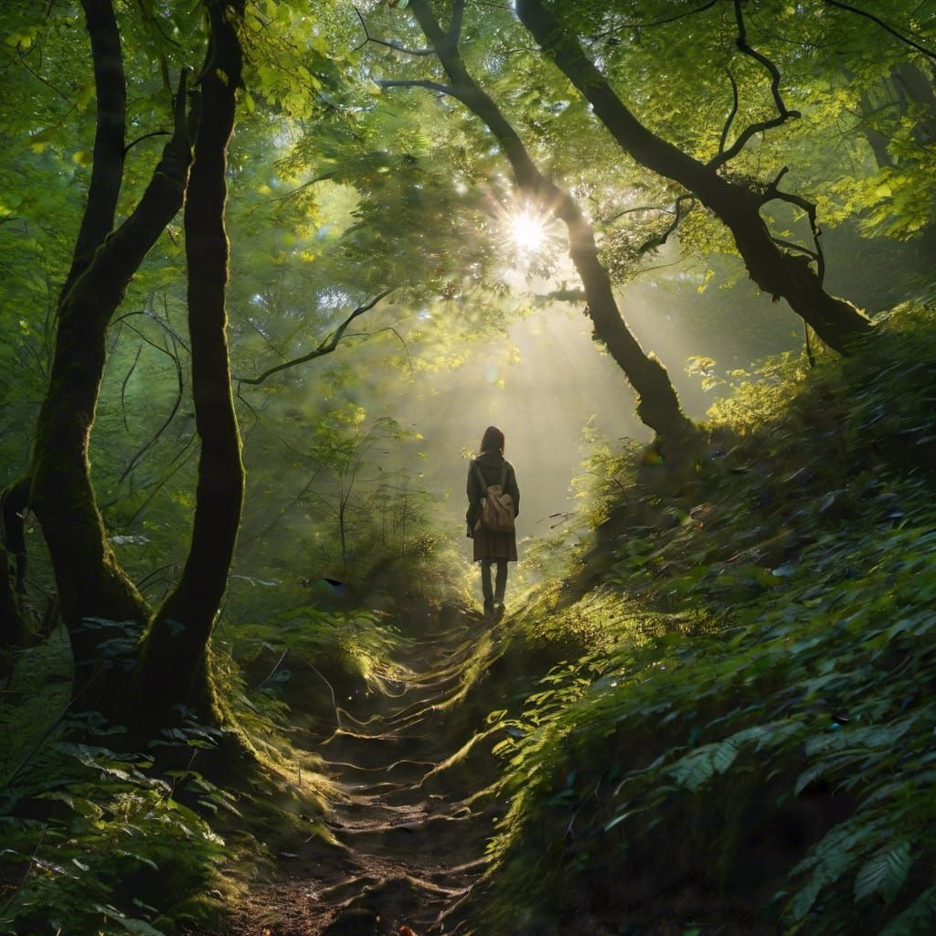 <lora:Classical:0.3> 
Eine hübsche junge Frau beim wandern in einem mystischen Wald.