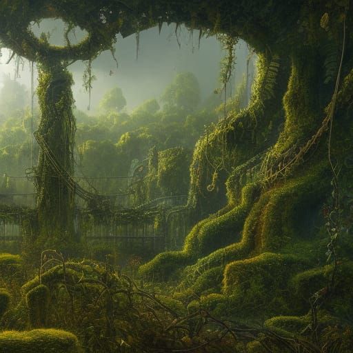 Overgrown city covered in vines and moss