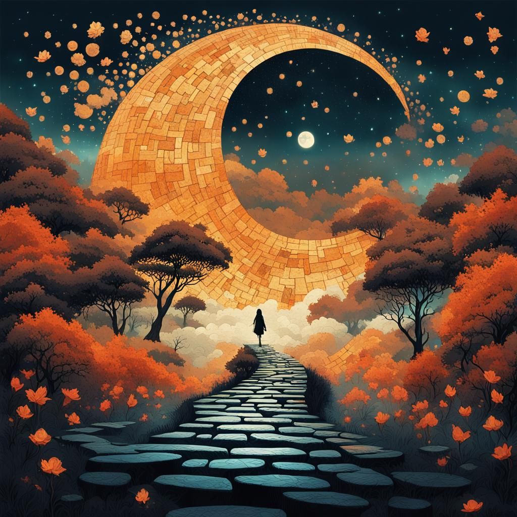 Magical Brick Path Silhouette Illustration in Fantasy Landsc...
