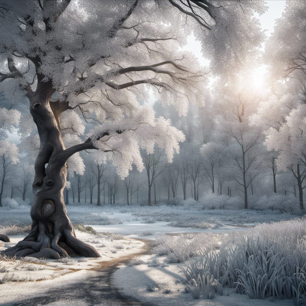 photorealistic, icy forest and field, with a large tree to the right, 8K resolution  by @Eryndir