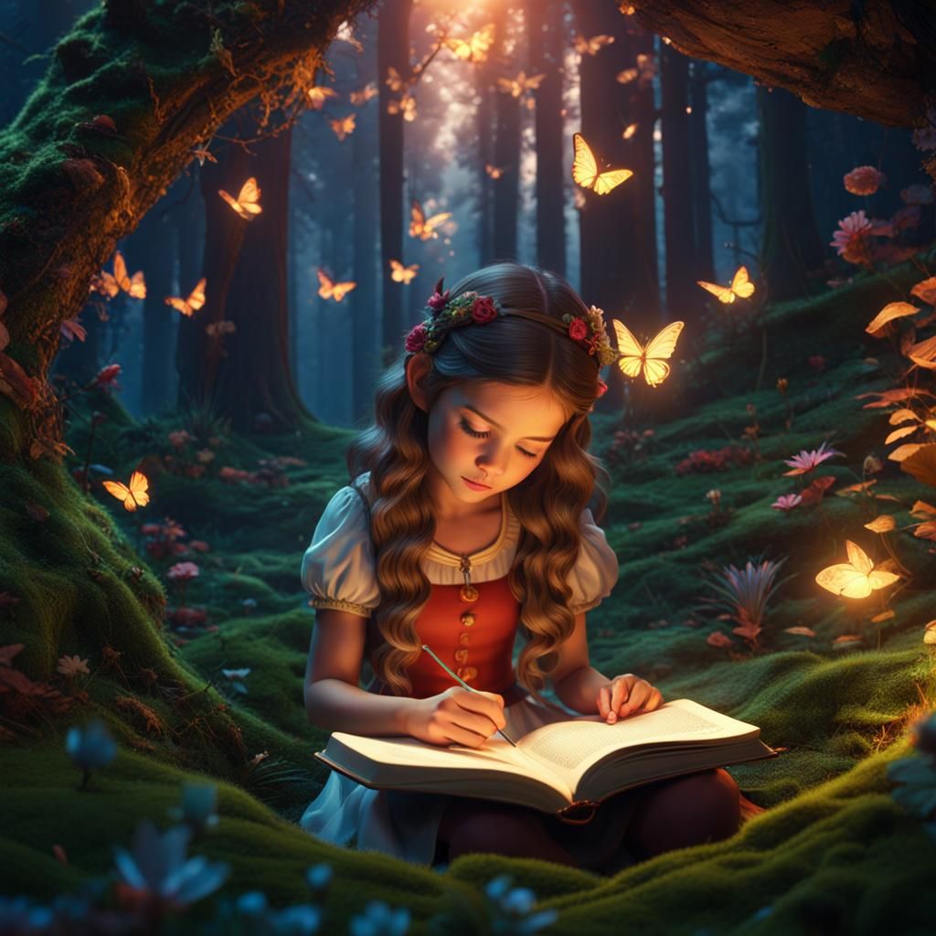 Girl reading a fairy tale book in the magic forest - AI Generated ...