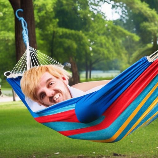 Cartoon character lying in a hammock in the park