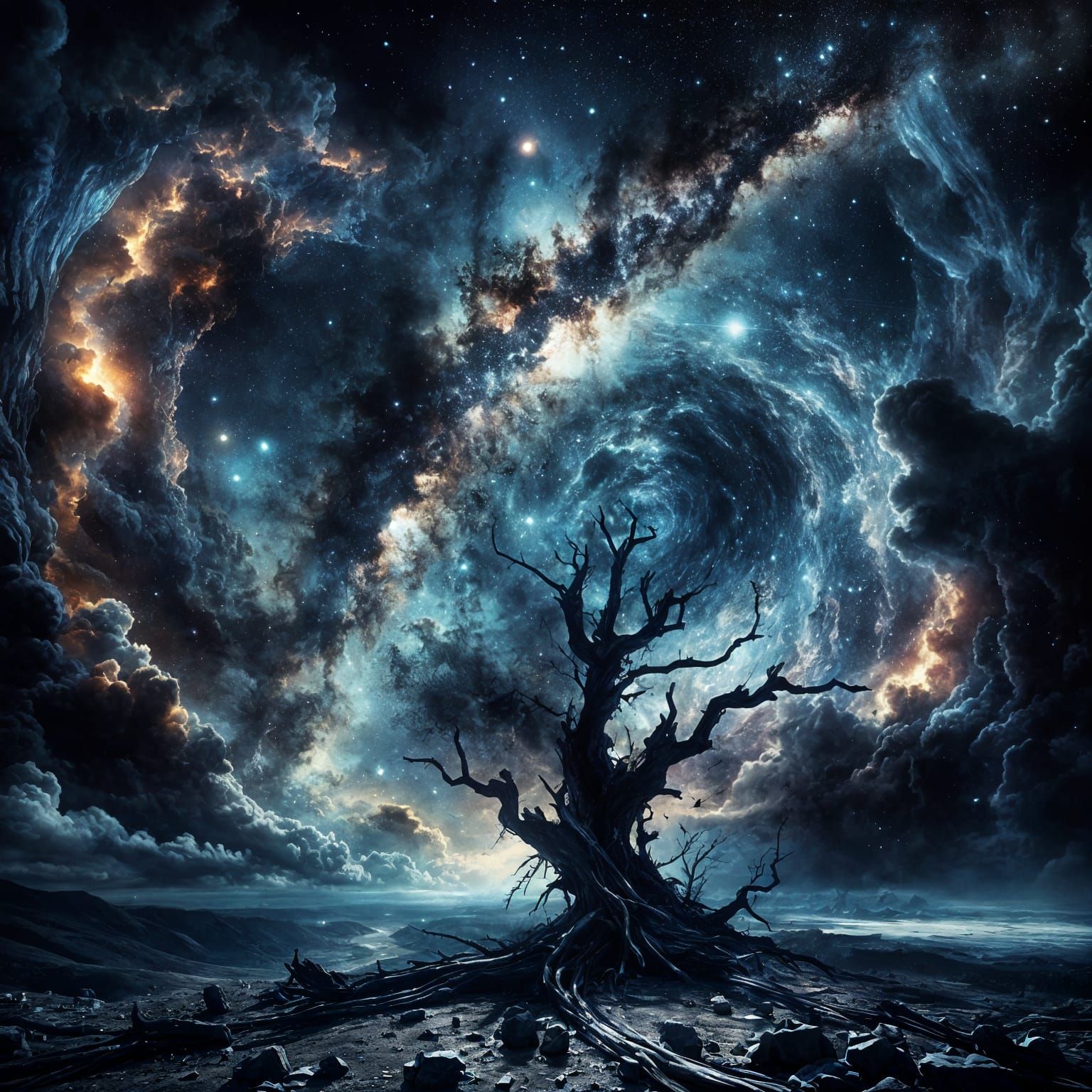 Night sky and burned out tree