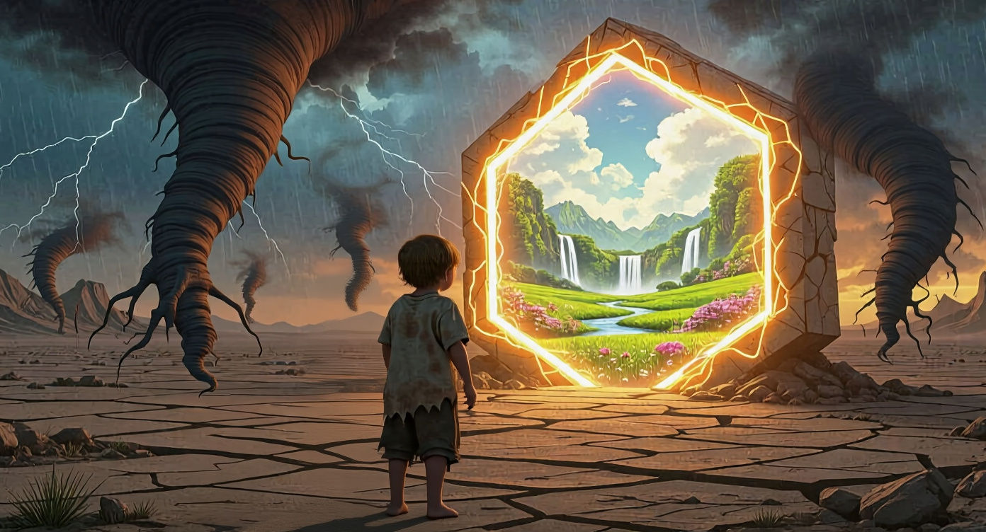 A young child stands in a desolate, cracked wasteland under a stormy sky, barren earth stretching endlessly. ...  by @Lenhudiel