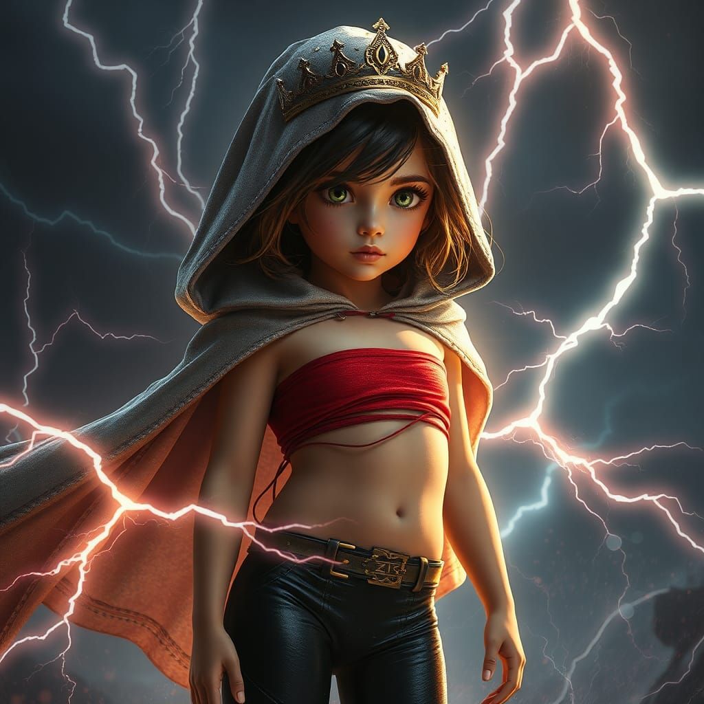 Crowned Girl in Lightning Cloak: Fantasy Art