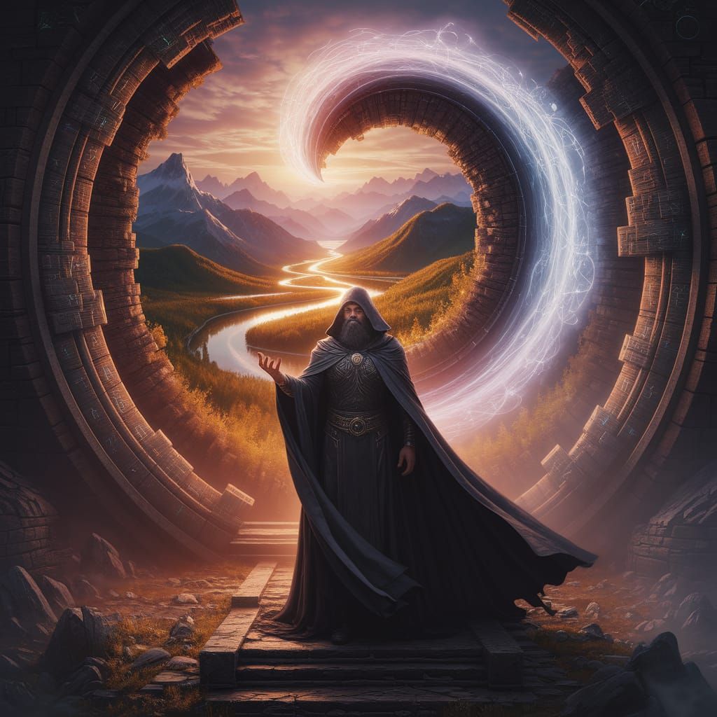 A powerful sorcerer stands in the dimly lit chamber of his towering spire, cloaked in shadows. Above his outstretched hand, a swirling porta...