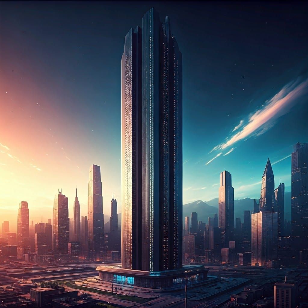 Futuristic Skyscraper in Dreamlike Cityscape