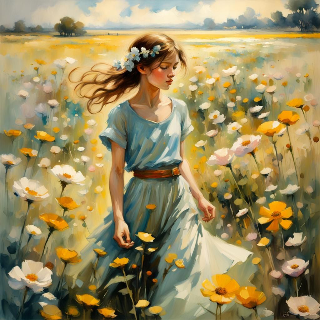 impressionist oil painting of a flower field, classical look...