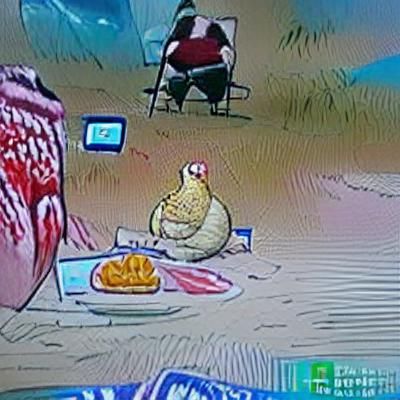 A fat chicken eating a turkey while watching spongebob