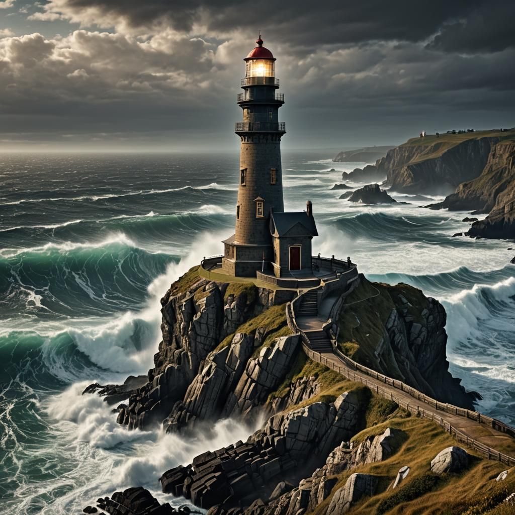 Imposing lighthouse on a cliff  by @Pez
