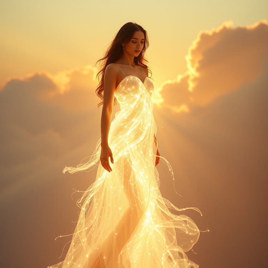 Transparent diaphanous hologram of a (sun (Goddess made entirely of glowing light:1.5) at morning, stands ...  by @Schoor