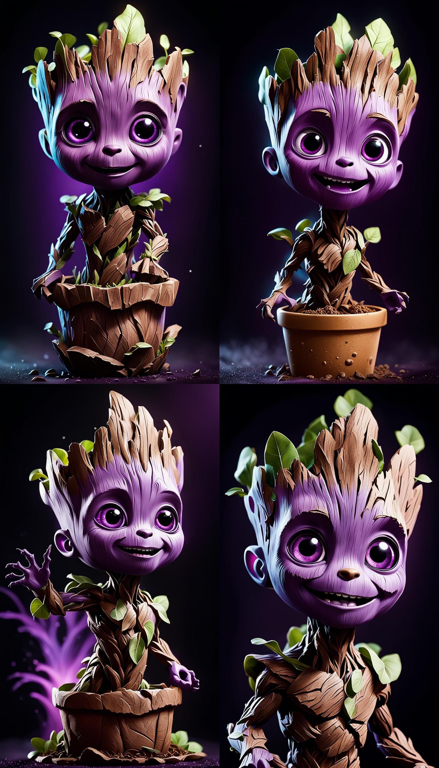 A cute happy baby purple Groot with big eyes on a dark background ...